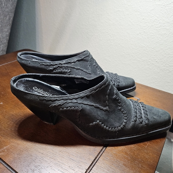 Coldwater Creek Women’s 6M Western Suede Black Bronco Mules Clogs pre-owned - Picture 1 of 6